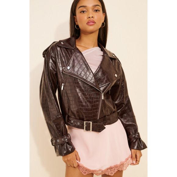 We Wore What Jackets & Blazers - We Wore What Vegan-Leather Croc Cropped Moto Jacket in Cream